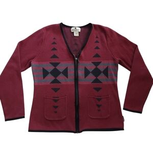 Woolrich Red Ruby Aztec Southwestern Zip Up Cardigan Knit Sweater